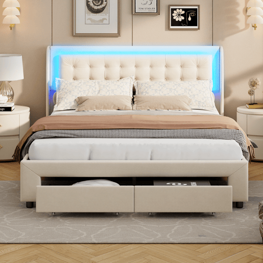 Cama estofada 160x200cm com decoração com tachas, gavetas, faixas de luz, entrada USB, bolsa de arrumação, bege, com carregador europeu.