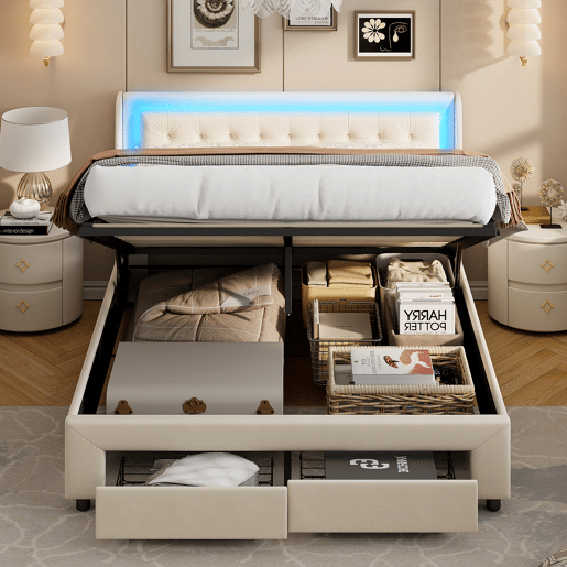 Cama estofada 160x200cm com decoração com tachas, gavetas, faixas de luz, entrada USB, bolsa de arrumação, bege, com carregador europeu.