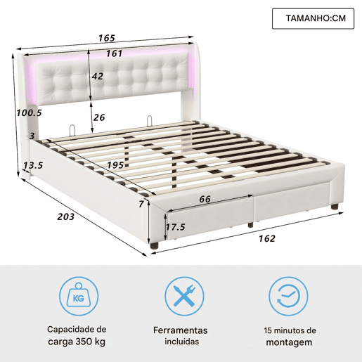 Cama estofada 160x200cm com decoração com tachas, gavetas, faixas de luz, entrada USB, bolsa de arrumação, bege, com carregador europeu.