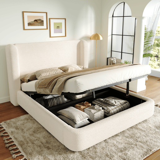Cama de casal de tecido 180x200 cm com armazenamento,bege Cama de casal de tecido 180x200 cm com armazenamento,bege