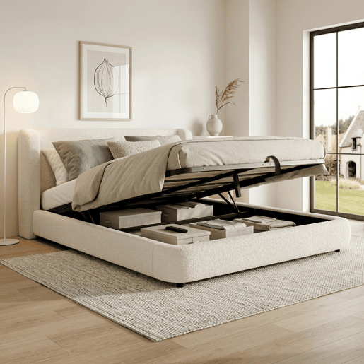 Cama de casal de tecido 180x200 cm com armazenamento,bege Cama de casal de tecido 180x200 cm com armazenamento,bege
