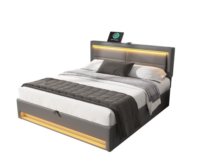 Cama de matrimonio de pu 140x190 cm con almacenaje y luz led,gris