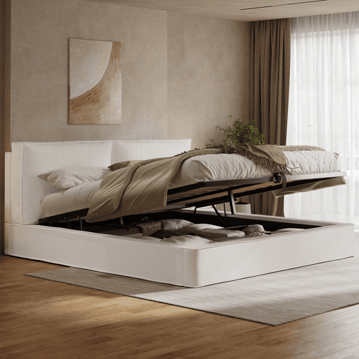 Cama de casal de tecido 180x200 cm com armazenamento,bege Cama de casal de tecido 180x200 cm com armazenamento,bege
