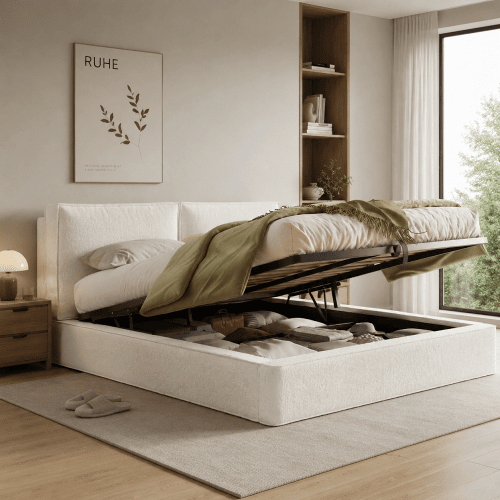 Cama de casal de tecido 180x200 cm com armazenamento,bege Cama de casal de tecido 180x200 cm com armazenamento,bege