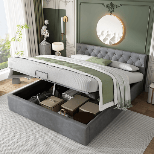 Cama de casal de veludo 140x200 cm com armazenamento,cinza