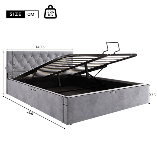 Cama de casal de veludo 140x200 cm com armazenamento,cinza