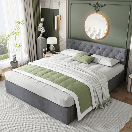 Cama de casal de veludo 140x200 cm com armazenamento,cinza