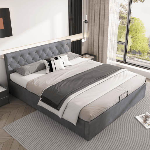 Cama de casal de veludo 140x200 cm com armazenamento,cinza