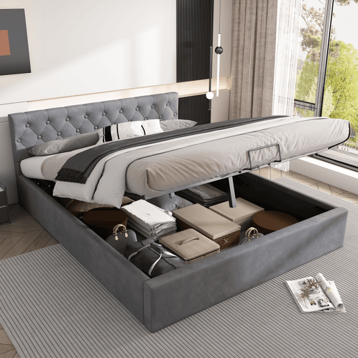 Cama de casal de veludo 140x200 cm com armazenamento,cinza