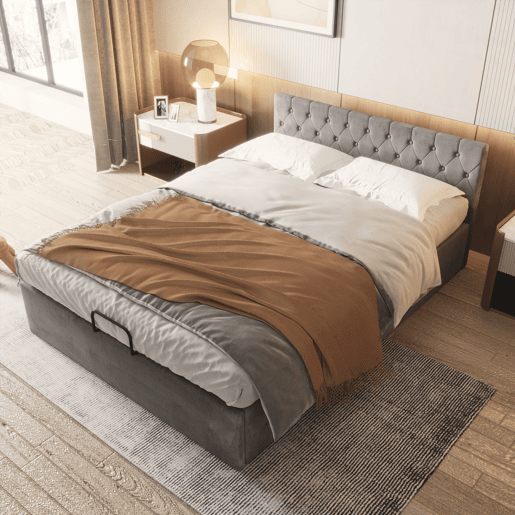 Cama de casal de veludo 140x200 cm com armazenamento,cinza