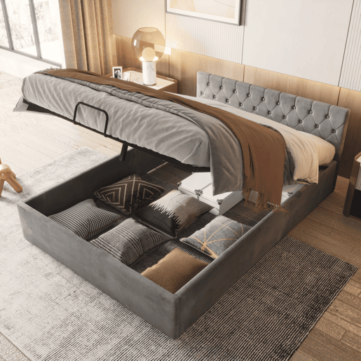 Cama de casal de veludo 140x200 cm com armazenamento,cinza