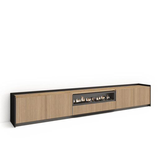 Móvel de TV, Muito espaço de arrumação, 310x37x50cm, Para televisores até 80, Lareira eléctrica, Led, Estilo moderno, Carvalho e preto
