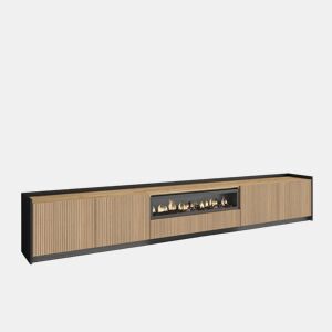 Móvel de TV, Muito espaço de arrumação, 310x37x50cm, Para televisores até 80, Lareira eléctrica, Led, Estilo moderno, Carvalho e preto