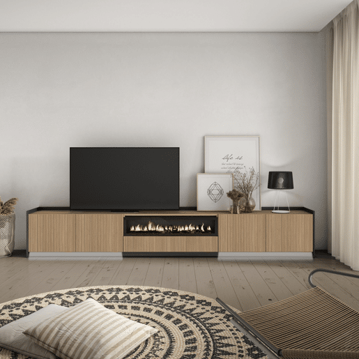 Móvel de TV, Muito espaço de arrumação, 310x37x50cm, Para televisores até 80, Lareira eléctrica, Led, Estilo moderno, Carvalho e preto