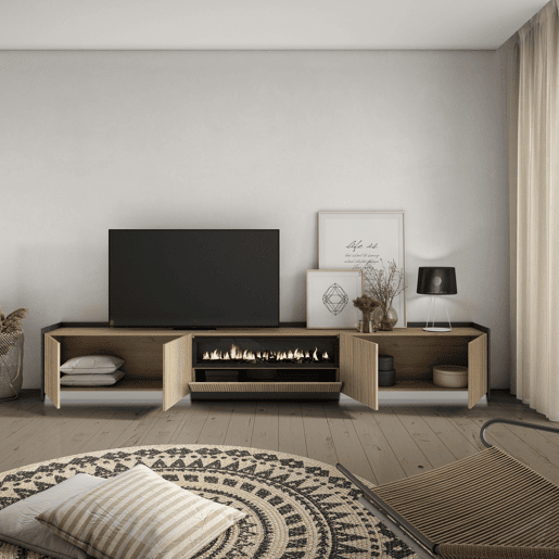 Móvel de TV, Muito espaço de arrumação, 310x37x50cm, Para televisores até 80, Lareira eléctrica, Led, Estilo moderno, Carvalho e preto