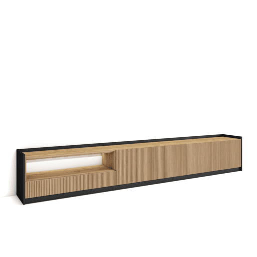 Móvel de TV, Muito espaço de arrumação, 310x37x50cm, Para televisores até 80, Led, Estilo moderno, Carvalho e preto Móvel de TV, Muito espaço de arrumação, 310x37x50cm, Para televisores até 80, Led, Estilo moderno, Carvalho e preto