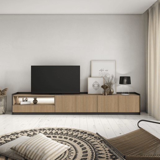 Móvel de TV, Muito espaço de arrumação, 310x37x50cm, Para televisores até 80, Led, Estilo moderno, Carvalho e preto Móvel de TV, Muito espaço de arrumação, 310x37x50cm, Para televisores até 80, Led, Estilo moderno, Carvalho e preto