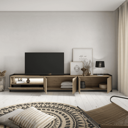 Móvel de TV, Muito espaço de arrumação, 310x37x50cm, Para televisores até 80, Led, Estilo moderno, Carvalho e preto Móvel de TV, Muito espaço de arrumação, 310x37x50cm, Para televisores até 80, Led, Estilo moderno, Carvalho e preto