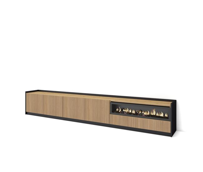 Mueble tv, televisión, muebles de salón, almacenaje, 310x37x50cm, para tv hasta 80", chimenea eléctrica, estilo moderno, roble y negro