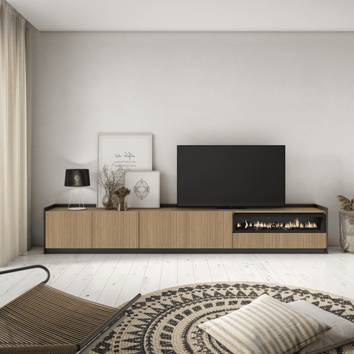 Móvel de TV, Muito espaço de arrumação, 310x37x50cm, Para televisores até 80, Lareira eléctrica, Estilo moderno, Carvalho e preto