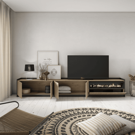 Móvel de TV, Muito espaço de arrumação, 310x37x50cm, Para televisores até 80, Lareira eléctrica, Estilo moderno, Carvalho e preto