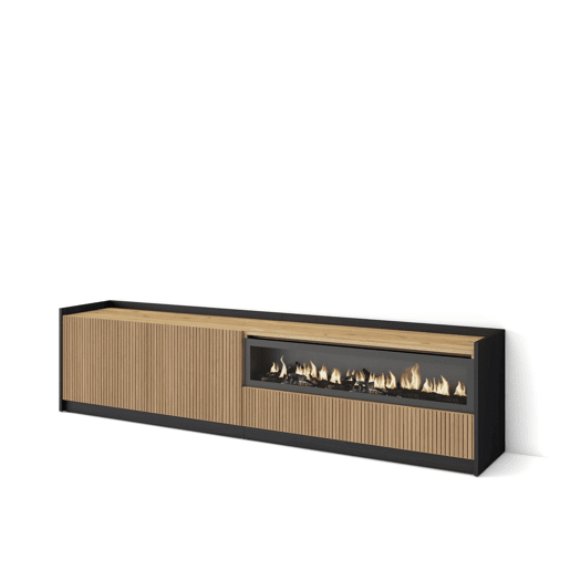 Móvel de TV, Muito espaço de arrumação, 207x37x50cm, Para televisores até 80, Lareira eléctrica, Estilo moderno, Carvalho e preto Móvel de TV, Muito espaço de arrumação, 207x37x50cm, Para televisores até 80, Lareira eléctrica, Estilo moderno, Carvalho e preto