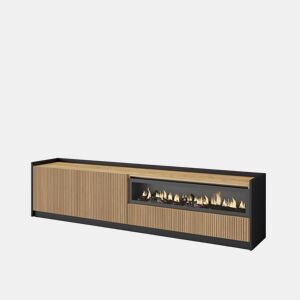 Móvel de TV, Muito espaço de arrumação, 207x37x50cm, Para televisores até 80, Lareira eléctrica, Estilo moderno, Carvalho e preto