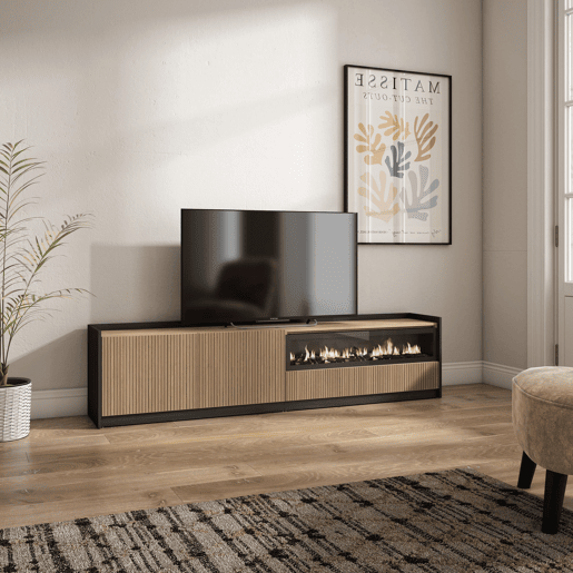 Móvel de TV, Muito espaço de arrumação, 207x37x50cm, Para televisores até 80, Lareira eléctrica, Estilo moderno, Carvalho e preto Móvel de TV, Muito espaço de arrumação, 207x37x50cm, Para televisores até 80, Lareira eléctrica, Estilo moderno, Carvalho e preto