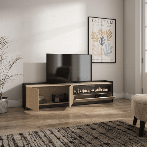 Móvel de TV, Muito espaço de arrumação, 207x37x50cm, Para televisores até 80, Lareira eléctrica, Estilo moderno, Carvalho e preto Móvel de TV, Muito espaço de arrumação, 207x37x50cm, Para televisores até 80, Lareira eléctrica, Estilo moderno, Carvalho e preto
