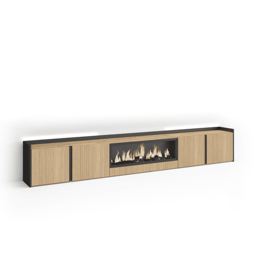 Móvel de TV, Muito espaço de arrumação, 315x35x50cm, Para televisores até 80, Lareira eléctrica XXL, Led, Estilo moderno, Carvalho e preto