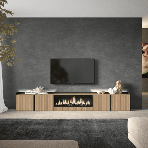 Móvel de TV, Muito espaço de arrumação, 315x35x50cm, Para televisores até 80, Lareira eléctrica XXL, Led, Estilo moderno, Carvalho e preto