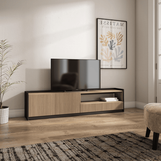 Móvel de TV, Muito espaço de arrumação, 207x37x50cm, Para televisores até 80, Estante para TV, Estilo moderno, Carvalho e preto Móvel de TV, Muito espaço de arrumação, 207x37x50cm, Para televisores até 80, Estante para TV, Estilo moderno, Carvalho e preto