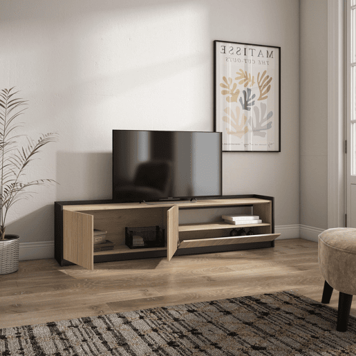 Móvel de TV, Muito espaço de arrumação, 207x37x50cm, Para televisores até 80, Estante para TV, Estilo moderno, Carvalho e preto Móvel de TV, Muito espaço de arrumação, 207x37x50cm, Para televisores até 80, Estante para TV, Estilo moderno, Carvalho e preto