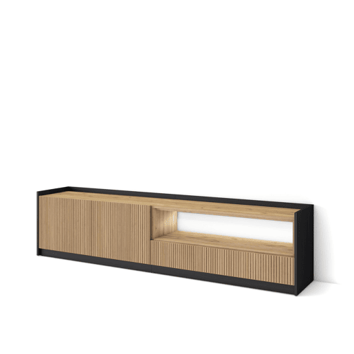 Móvel de TV, Muito espaço de arrumação, 207x37x50cm, Para televisores até 80, Led, Estilo moderno, Carvalho e preto