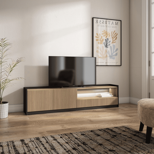 Móvel de TV, Muito espaço de arrumação, 207x37x50cm, Para televisores até 80, Led, Estilo moderno, Carvalho e preto
