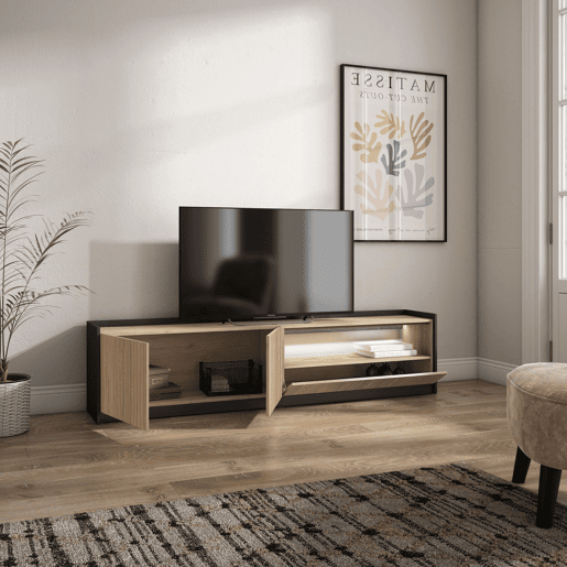 Móvel de TV, Muito espaço de arrumação, 207x37x50cm, Para televisores até 80, Led, Estilo moderno, Carvalho e preto