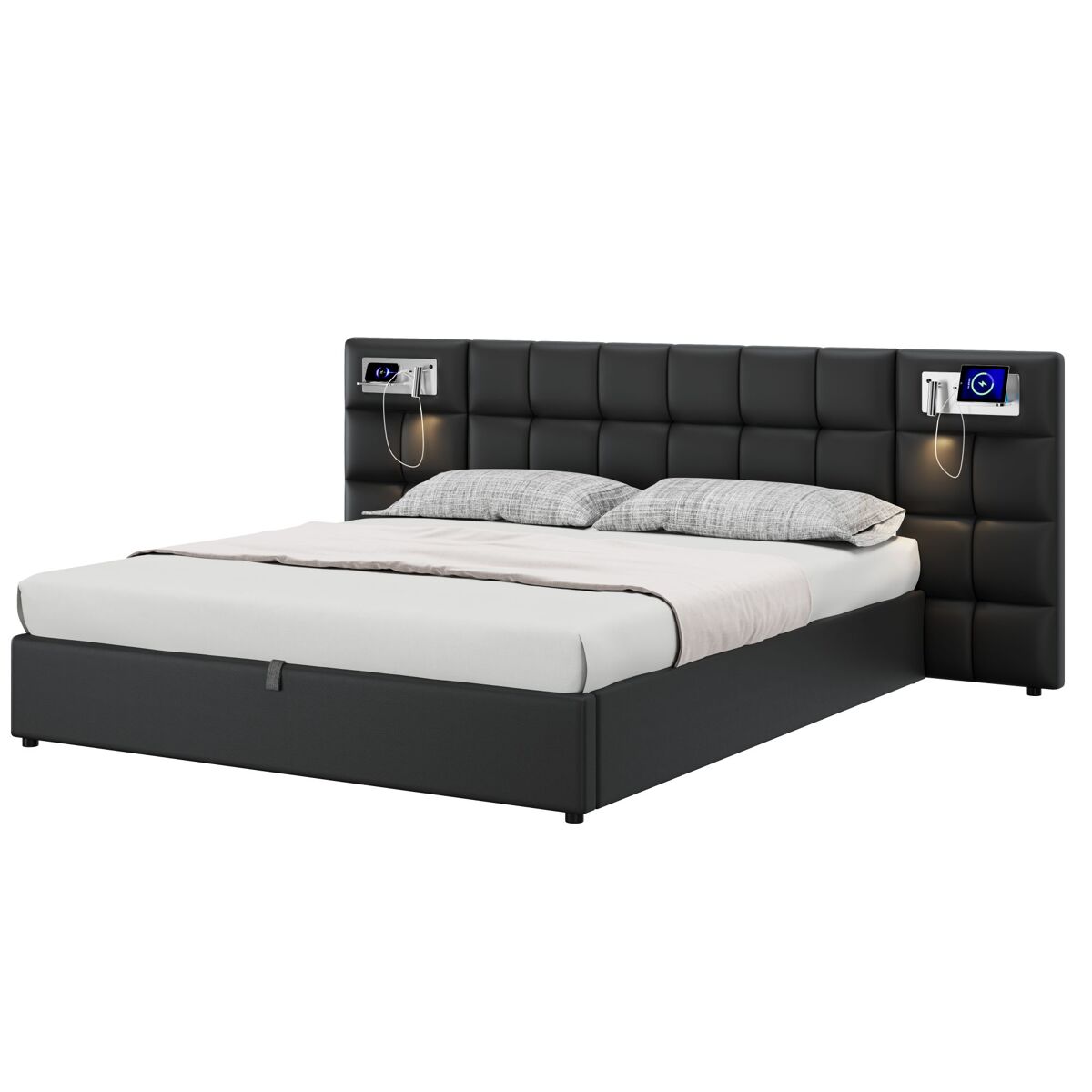 Cama de matrimonio de lino 180x200 cm con almacenaje,negro