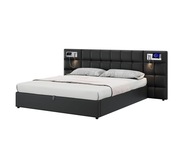 Cama de matrimonio de lino 180x200 cm con almacenaje,negro