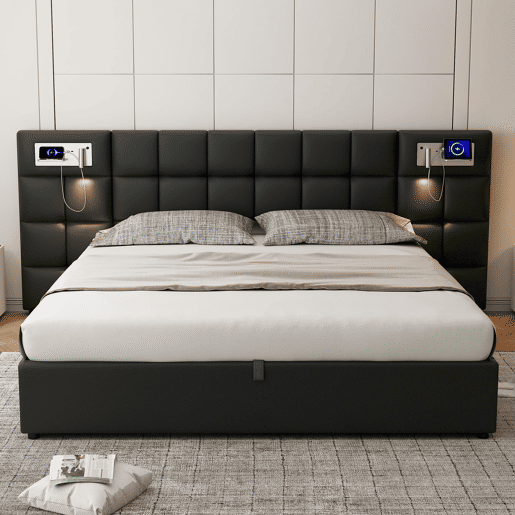 Cama de casal de linho 180x200 cm com armazenamento,preto Cama de casal de linho 180x200 cm com armazenamento,preto