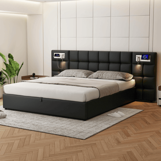 Cama de casal de linho 180x200 cm com armazenamento,preto Cama de casal de linho 180x200 cm com armazenamento,preto