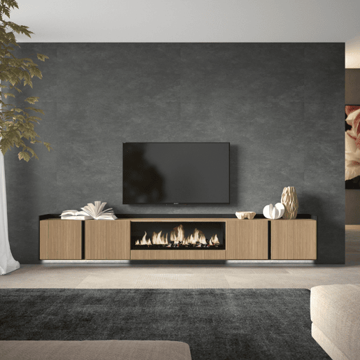 Móvel de TV, Muito espaço de arrumação, 315x35x50cm, Para televisores até 80, Lareira eléctrica XXL, Suspensos, Led, Estilo moderno, Carvalho e preto