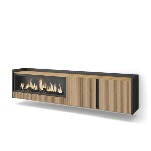 Móvel de TV, Muito espaço de arrumação, 212x35x50cm, Para televisores até 80, Lareira eléctrica XXL, Suspensos, Estilo moderno, Carvalho e preto