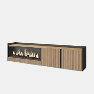Móvel de TV, Muito espaço de arrumação, 212x35x50cm, Para televisores até 80, Lareira eléctrica XXL, Suspensos, Estilo moderno, Carvalho e preto