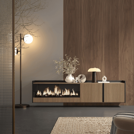 Móvel de TV, Muito espaço de arrumação, 212x35x50cm, Para televisores até 80, Lareira eléctrica XXL, Suspensos, Estilo moderno, Carvalho e preto