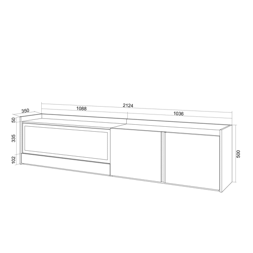 Móvel de TV, Muito espaço de arrumação, 212x35x50cm, Para televisores até 80, Lareira eléctrica XXL, Suspensos, Estilo moderno, Carvalho e preto