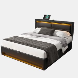 Cama de casal de pu 140x190 cm com armazenamento e luz led,preto