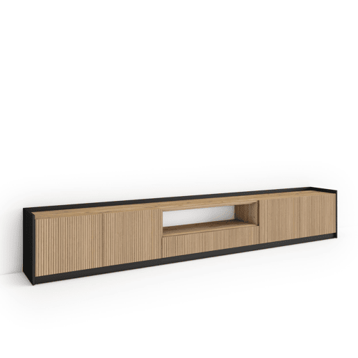 Móvel de TV, Muito espaço de arrumação, 310x37x50cm, Para televisores até 80, Estante para TV, Estilo moderno, Carvalho e preto