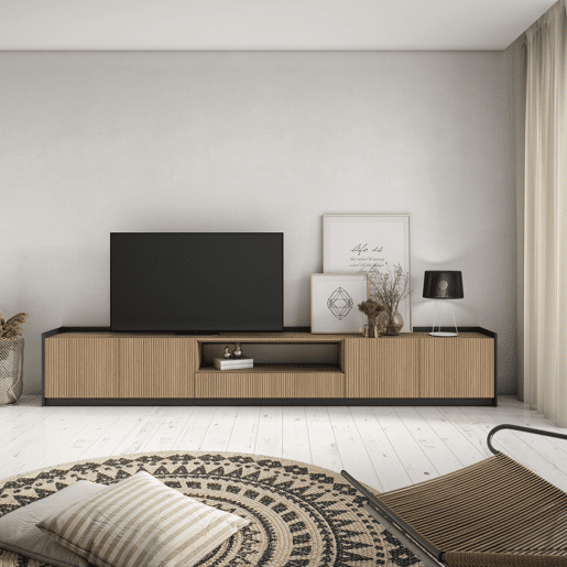 Móvel de TV, Muito espaço de arrumação, 310x37x50cm, Para televisores até 80, Estante para TV, Estilo moderno, Carvalho e preto