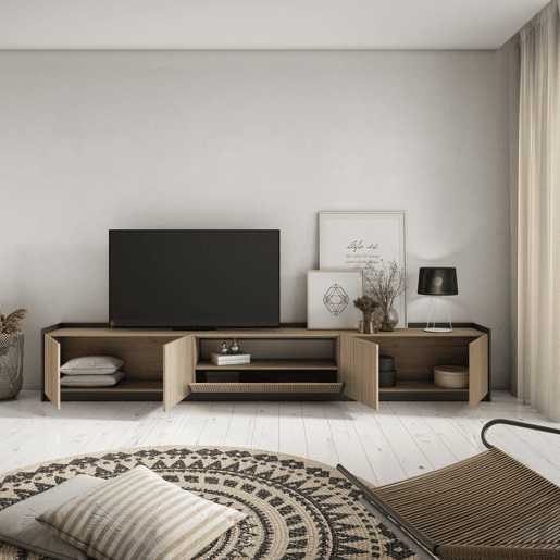 Móvel de TV, Muito espaço de arrumação, 310x37x50cm, Para televisores até 80, Estante para TV, Estilo moderno, Carvalho e preto