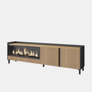 Móvel de TV, Muito espaço de arrumação, 212x35x61cm, Para televisores até 80, Lareira eléctrica XXL, Design industrial, Led, Estilo moderno, Carvalho e preto